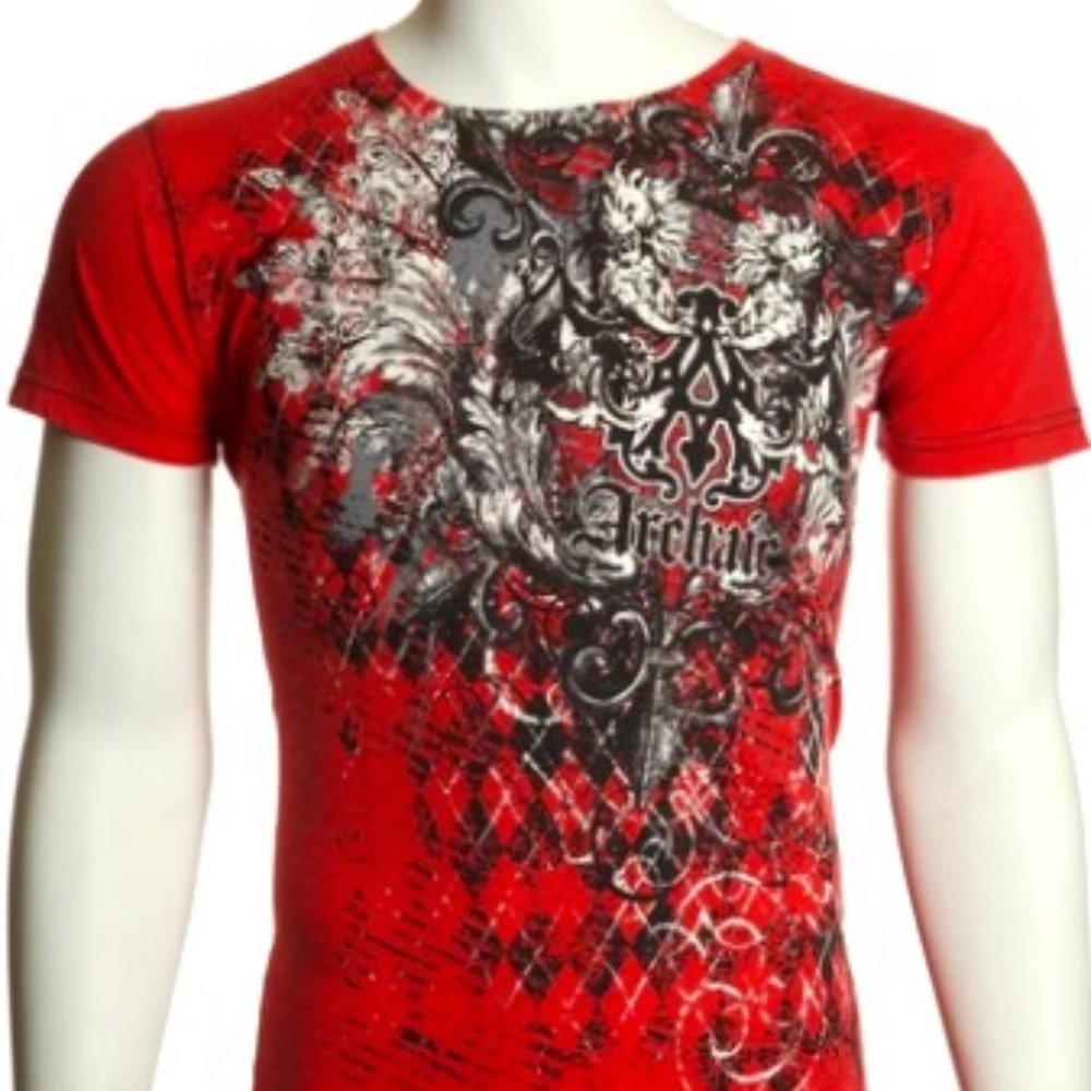 ARCHAIC BY AFFLICTION Mens Short Sleeve QUILTED Crewneck T-Shirt (Red)